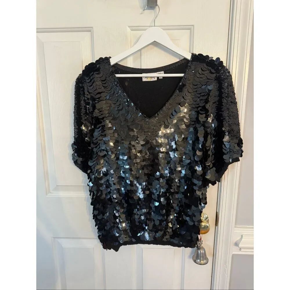 Vintage Oleg Cassini Black Silk Sock It To Me Large Sequin Party Club Top sz L E